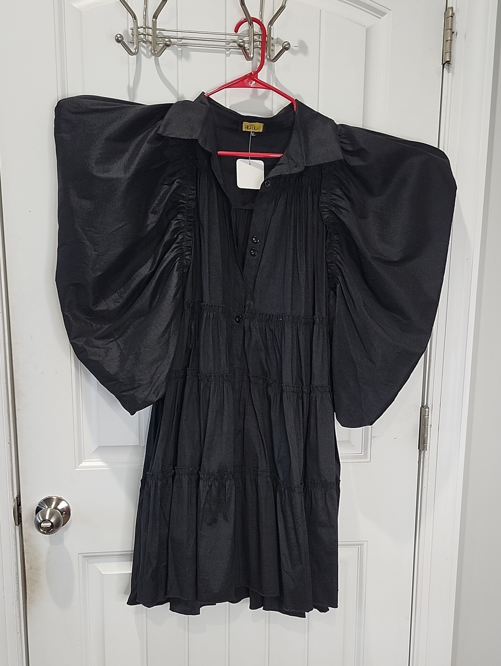 Black Puff-Sleeve Tiered Women's Dress - XL